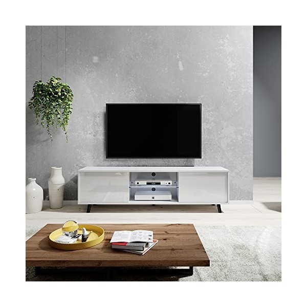 Selsey Lefyr - Meuble TV/Banc TV Blanc Mat/Blanc Brillant, 140 cm, éclairage LED 