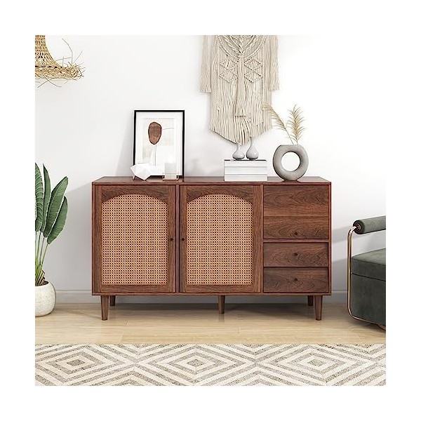 Yiiannda Meuble TV 4 portes avec 2 compartiments ouverts, support TV, centre de divertissement pour salon, pour TV jusquà 65