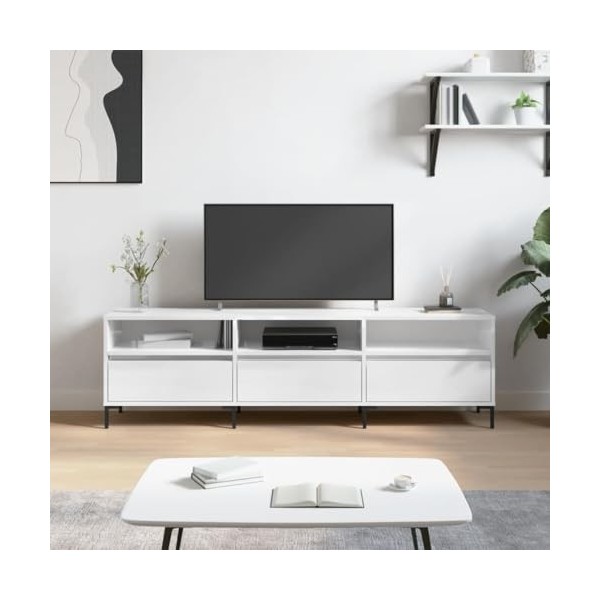 Meuble TV Blanc Brillant 150x30x44,5 cm Bois dingénierie - Meuble télé, Meuble TV Industriel, Meuble Chambre, Convient pour 