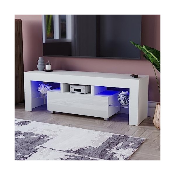 Vida Designs Luna Meuble TV LED 1 tiroir Moderne Brillant Mat MDF Meuble multimédia Meuble RVB Blanc Clair 45 x 130 x 35 cm