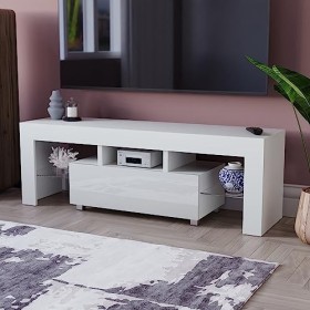 Vida Designs Luna Meuble TV LED 1 tiroir Moderne Brillant Mat MDF Meuble multimédia Meuble RVB Blanc Clair 45 x 130 x 35 cm