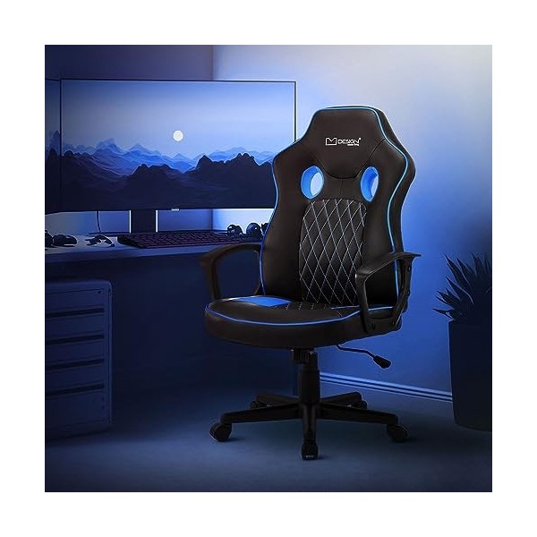 ML-Design Chaise de Gaming avec Fonction Bascule, Noir-Bleu, Similicuir, Chaise de Bureau Ergonomique avec Accoudoirs, Pivota