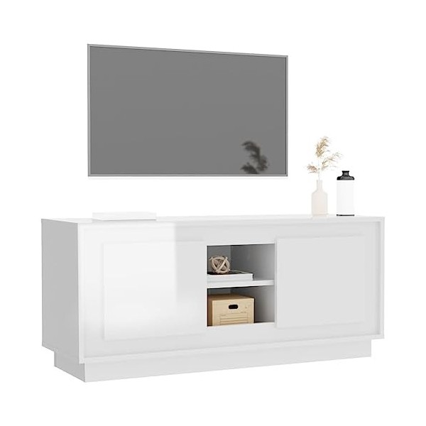 Hovothy Meuble TV Blanc Brillant 102x35x45 cm Bois dingénierie Design Tendance Décoration Armoire Multimédia Meuble de DVD G