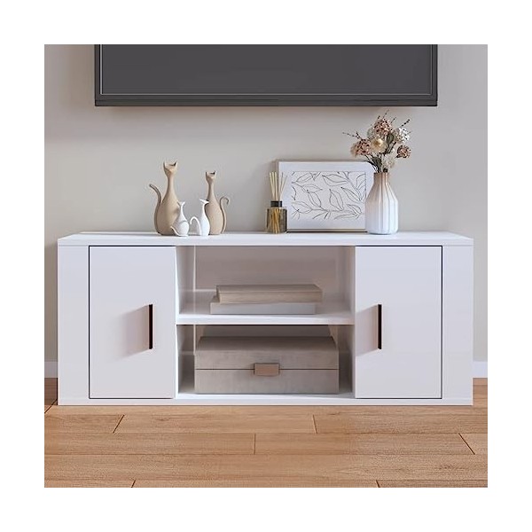 Hovothy Meuble TV Blanc 100x34,5x44,5 cm Bois dingénierie Classique Unité TV Maison Salon Dessus Robuste Armoire Multimédia 