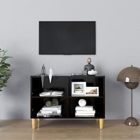 TECHPO Centres de divertissement et supports TV, meuble TV avec pieds en bois massif, noir, 69,5 x 30 x 50 cm