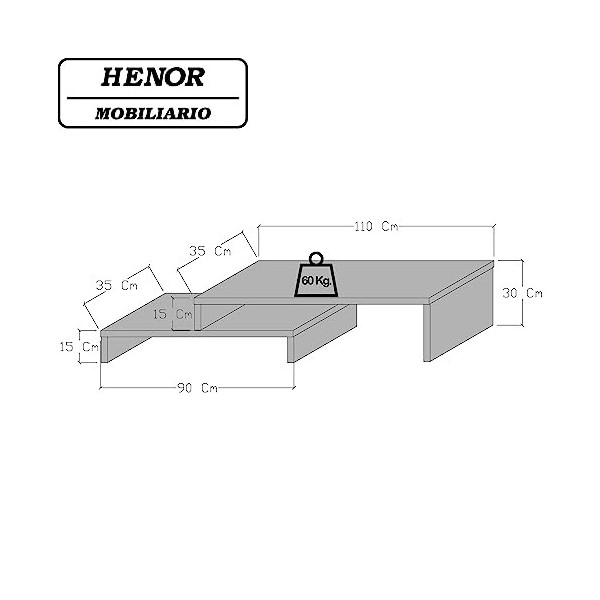 Henor Meuble TV Échelle Réglable Bois FSC® 110+90 x 35 x 30/15 cm Graphite