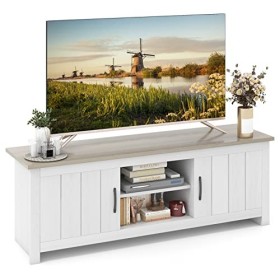 COSTWAY Meuble TV avec 2 Placards 2 Compartiments, Banc TV pour TV Jusquà 65 Pouces, 2 Trous de Gestion des Câbles, pour Sal