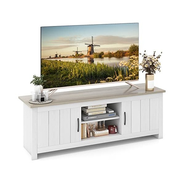 COSTWAY Meuble TV avec 2 Placards 2 Compartiments, Banc TV pour TV Jusquà 65 Pouces, 2 Trous de Gestion des Câbles, pour Sal