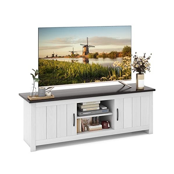 COSTWAY Meuble TV avec 2 Placards 2 Compartiments, Banc TV pour TV Jusquà 65 Pouces, 2 Trous de Gestion des Câbles, pour Sal