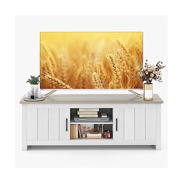 KOMFOTTEU Meuble TV bas pour téléviseur jusquà 65 pouces, support TV avec 2 armoires et 2 étagères ouvertes, meuble TV pour 