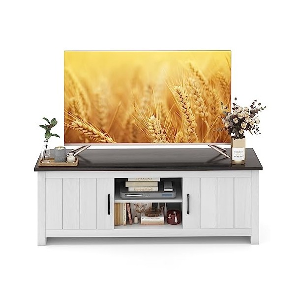 KOMFOTTEU Meuble TV bas pour téléviseur jusquà 65 pouces, support TV avec 2 armoires et 2 étagères ouvertes, meuble TV pour 