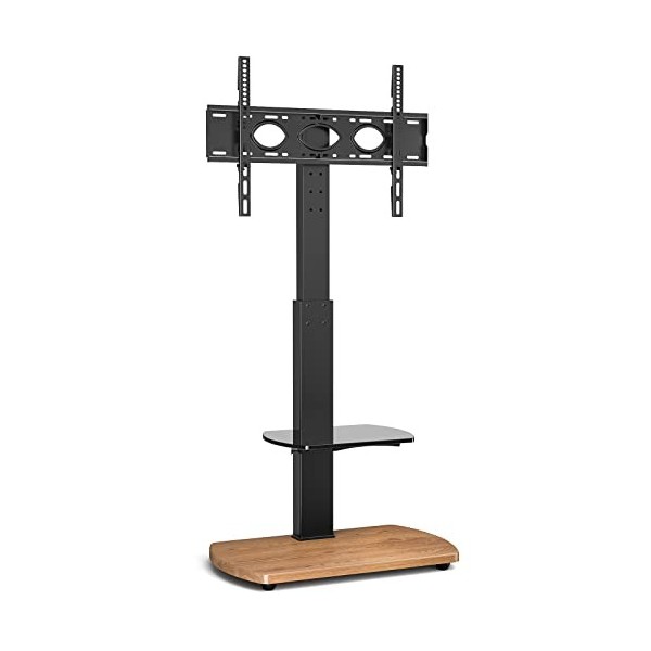 TTAP Meuble TV pour TV de 32 à 65 pouces avec base en chêne et étagère en verre simple avec support pivotant et hauteur régla