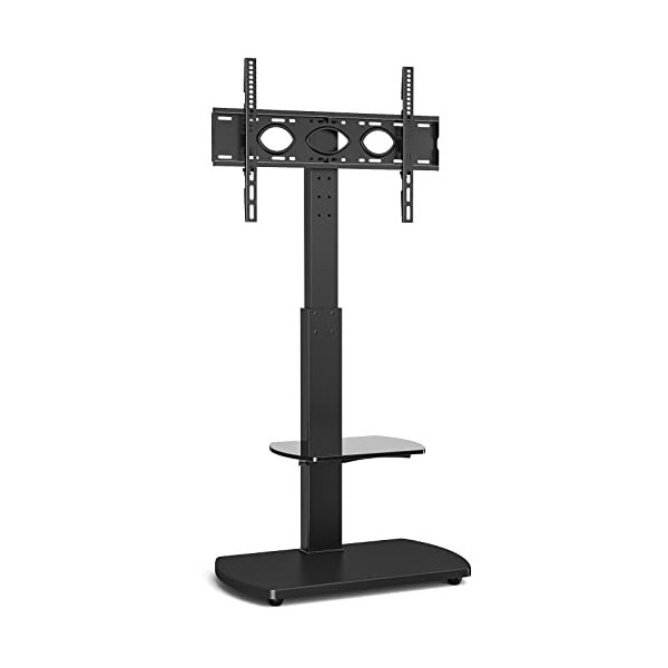 TTAP Meuble TV pour TV de 32 à 65 pouces avec base en chêne et étagère en verre simple avec support pivotant et hauteur régla