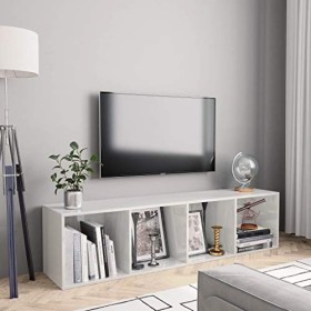 homiuse Meuble TV Blanc Brillant 143x30x36 cm Aggloméré Bibliothèque Style Classique Support de TV Table TV Meuble Salon Armo