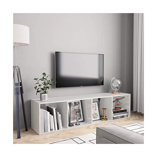 homiuse Meuble TV Blanc Brillant 143x30x36 cm Aggloméré Bibliothèque Style Classique Support de TV Table TV Meuble Salon Armo