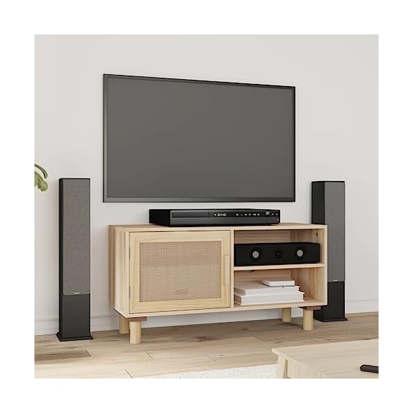 FAMIROSA Meuble TV Marron 80x30x40cm Bois de pin Massif et rotin Naturel 10.6KG 
