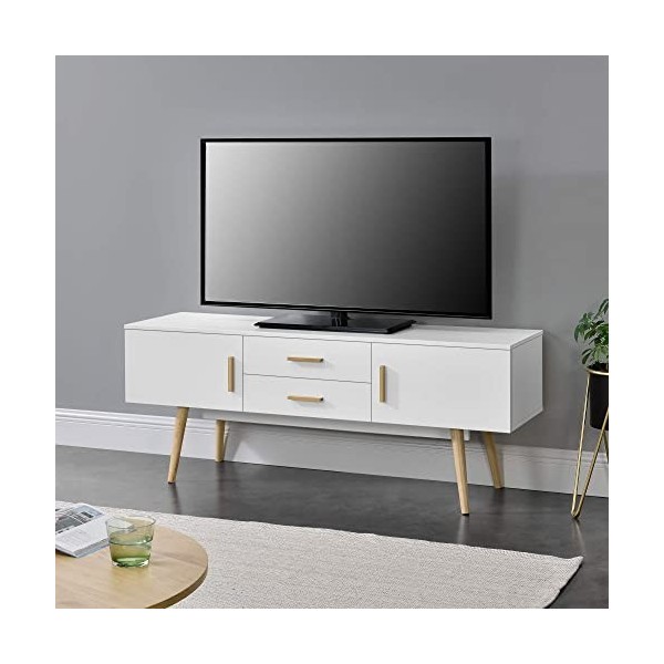 Meuble TV Design Support Télé Banc avec 2 Portes et 2 Tiroirs Panneau de Particules Mélaminé Pieds en Bois 140 x 40 x 56 cm G