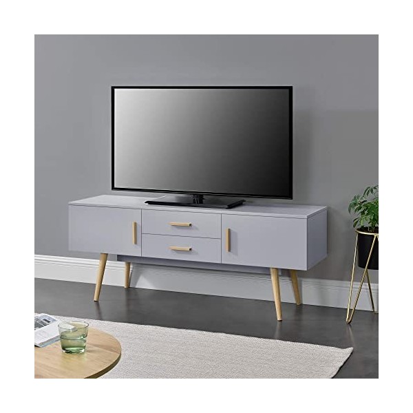 Meuble TV Design Support Télé Banc avec 2 Portes et 2 Tiroirs Panneau de Particules Mélaminé Pieds en Bois 140 x 40 x 56 cm G