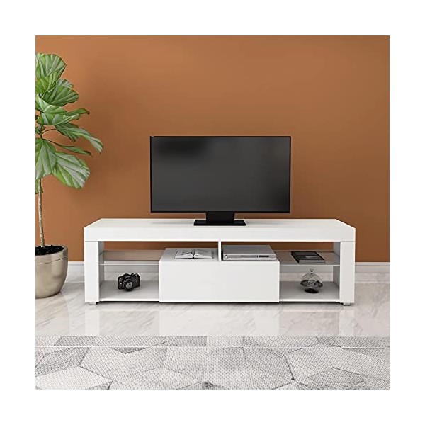 ML-Design Meuble Bas TV, Blanc, 140x51x35 cm, Panneau de Particules MDF Finition Mélaminée, Compartiments Fermés et Ouverts, 