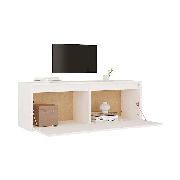 Metrile Armoire murale 100 x 30 x 35 cm avec 2 compartiments pour TV, buffet, meuble TV, meuble en bois de pin massif, blanc