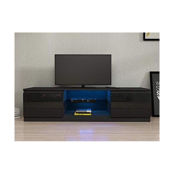 Meuble TV avec LED en Verre sur Salle de Séjour, Salon et Chambre à Coucher etc, 160 x 39 x 40 cm, Poids: 25 kg, Noir