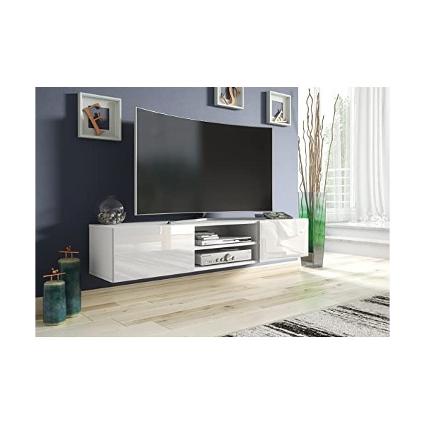 meble masztalerz Meuble TV Blanc Haute Brillanceavec 2 Étagères et 2 Portes, 120 cm, Meuble Tele, Meuble TV Suspendu, Meubles