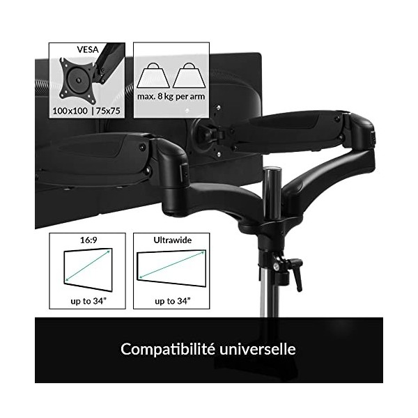 ARCTIC Z2-3D Gen 3 - Bras pour 2 écrans avec Bras de Levage à gaz jusquà 34"/34" Ultra-Large, jusquà 8 kg/17.6 Ibs par Br