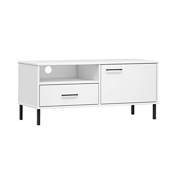 Meuble TV avec Pieds en métal Blanc Bois de pin Massif Oslo - Meuble TV, Armoire Basse Centre, Support Télé pour Salon Chambr