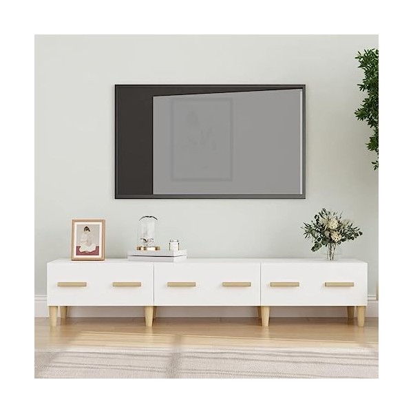 FIRBNUS Meuble TV Blanc 150x34,5x30 cm Bois dingénierie Armoire Stéréo Espace de Divertissement Dessus Robuste Armoire Média