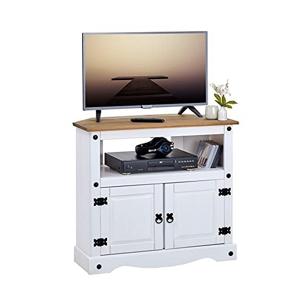 IDIMEX Meuble TV Campo Banc télévision en pin Massif Blanc et Brun avec 2 Portes et 1 Niche, Meuble de Rangement Style Mexica