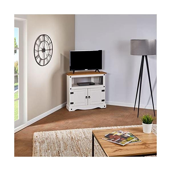IDIMEX Meuble TV Campo Banc télévision en pin Massif Blanc et Brun avec 2 Portes et 1 Niche, Meuble de Rangement Style Mexica