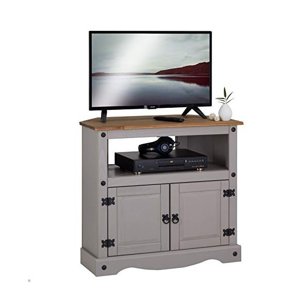 IDIMEX Meuble TV Ramon Banc télévision en pin Massif Gris et Brun avec 2 Portes et 1 Niche, Meuble de Rangement Style Mexicai
