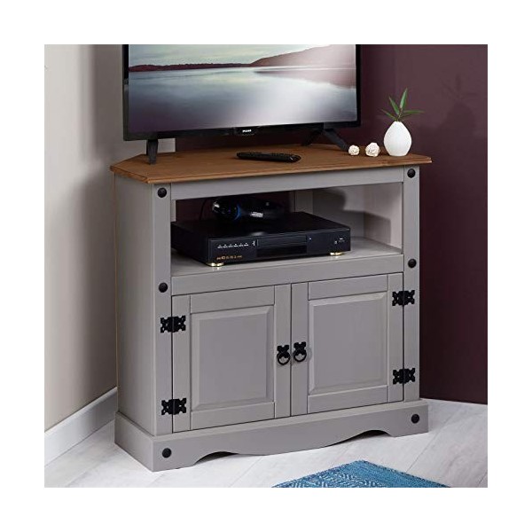 IDIMEX Meuble TV Ramon Banc télévision en pin Massif Gris et Brun avec 2 Portes et 1 Niche, Meuble de Rangement Style Mexicai