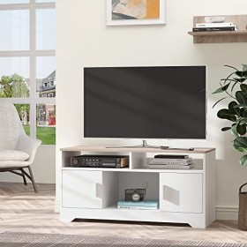 HOMCOM Meuble TV Banc TV en Bois Grand Espace de Rangement avec 2 Compartiments Ouverts 2 Armoires à Porte Une Armoire Ouvert