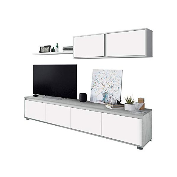 Habitdesign Meuble TV, Meuble de salon, Ensemble de meubles, Modèle Zaira, Finition blanc brillant et gris cendré, Mesures : 