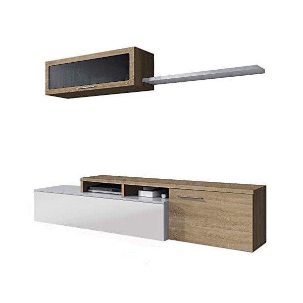 Habitdesign Meuble TV, Meuble de salon, Ensemble de meubles, Modèle Zaira, Finition blanc brillant et gris cendré, Mesures : 