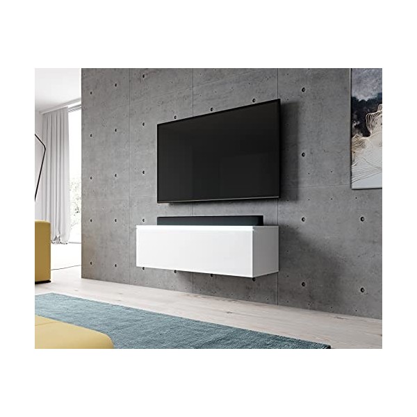 Furnix Lowboard Bargo Meuble TV Bas, Blanc, sans éclairage LED, Commode de 100 x 34 x 32 cm l x h x p, 2 Compartiments avec P