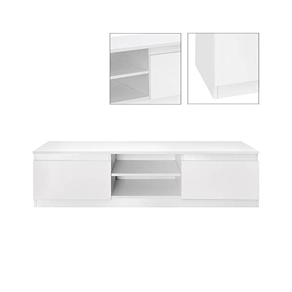 ML-Design Meuble Bas TV, Blanc, 140x36x40 cm, Panneau de Particules MDF Finition Mélaminée, avec 2 Compartiments Fermés et 2 