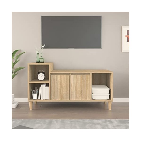Higsose Meuble TV Salon Chêne Sonoma 100x35x55 cm Bois dingénierie Design Tendance Armoire Multimédia Grand Espace de Rangem