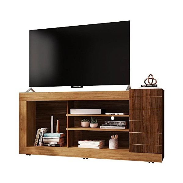 Caemmum Meuble TV 55 Pouces Chêne Wengé 1 Porte 6 Niches