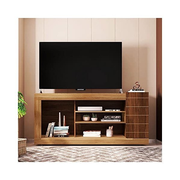 Caemmum Meuble TV 55 Pouces Chêne Wengé 1 Porte 6 Niches