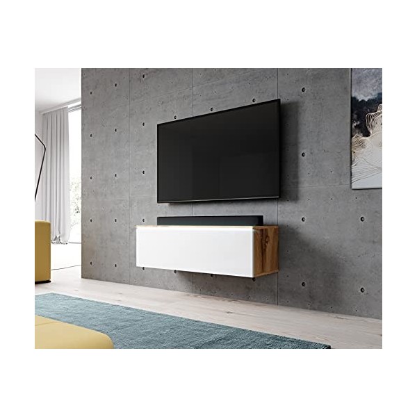 Furnix Lowboard Bargo Meuble TV Bas, Blanc, sans éclairage LED, Commode de 100 x 34 x 32 cm l x h x p, 2 Compartiments avec P