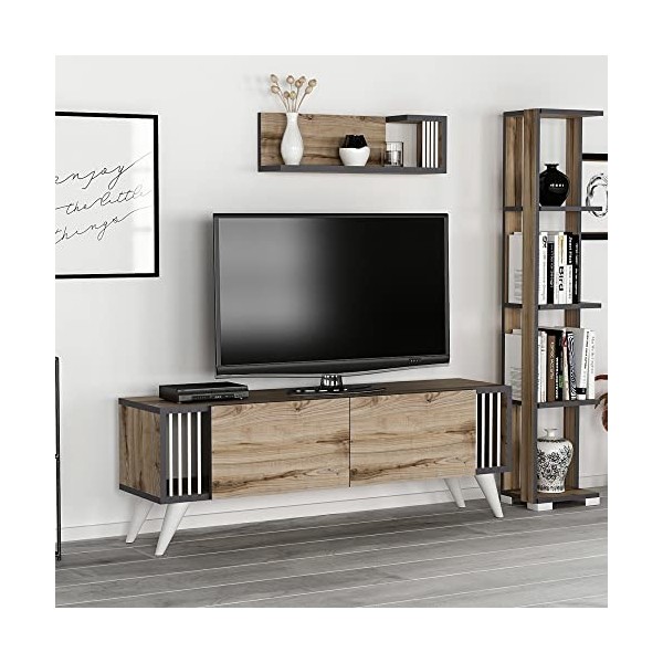 [en.casa] Ensemble Meuble TV de Salon avec Étagère Murale Support à 2 Portes Banc Télé avec Espace de Rangement Panneau de Pa