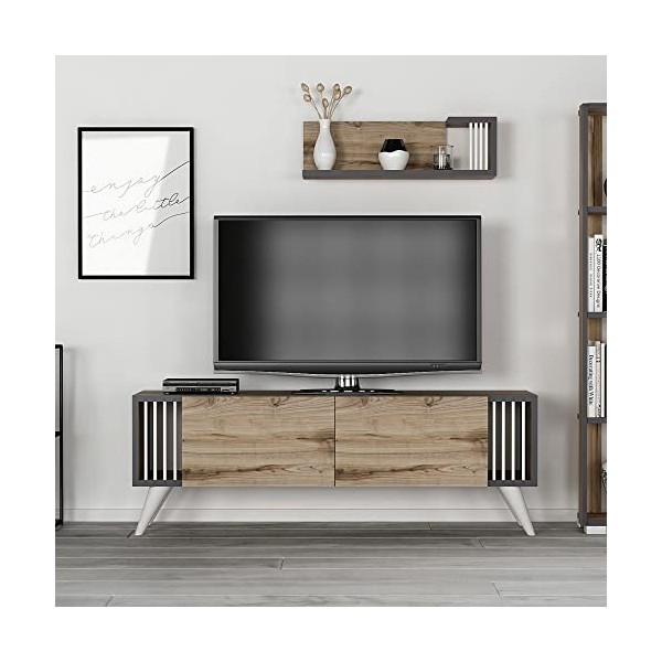 [en.casa] Ensemble Meuble TV de Salon avec Étagère Murale Support à 2 Portes Banc Télé avec Espace de Rangement Panneau de Pa