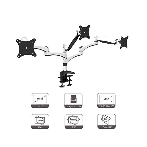 HFTEK® DS124D Blanc Dual Double Support de Bureau pour 2 écran Support de Table pour Moniteur 15-27 Pouces avec VESA 75/100