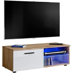 ExtremeFurniture T32-100 Meuble TV, Carcasse en Wotan Mat/Façade en Blanc Brillant + LED Multicolores avec télécommande