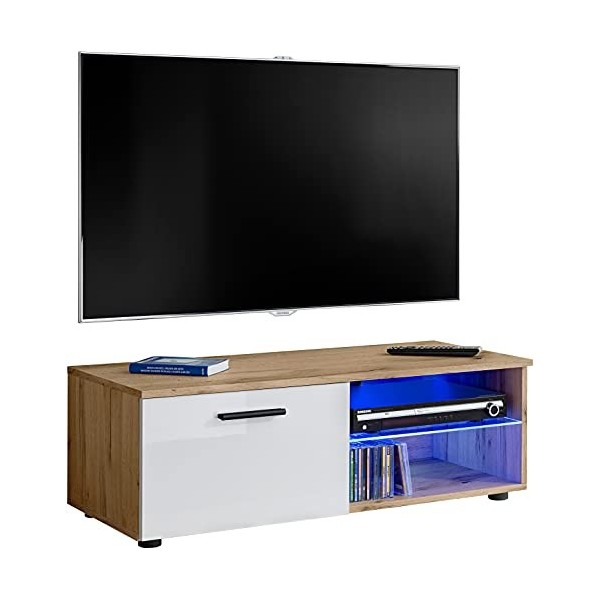 ExtremeFurniture T32-100 Meuble TV, Carcasse en Wotan Mat/Façade en Blanc Brillant + LED Multicolores avec télécommande