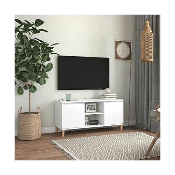 Meuble TV avec 2 Portes Contemporain | Rangement matériel télé Audio Video Gaming | 103,5x35x50cm Blanc