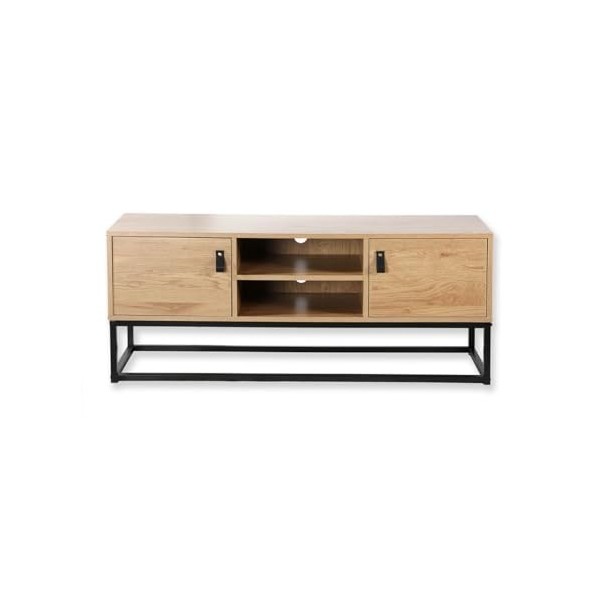 CALICOSY Meuble TV 2 Portes avec Niches Centrale - Jill - Structure en Métal - Style Industriel - Effet Chêne - Support TV po