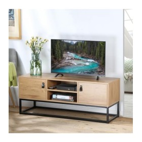 CALICOSY Meuble TV 2 Portes avec Niches Centrale - Jill - Structure en Métal - Style Industriel - Effet Chêne - Support TV po